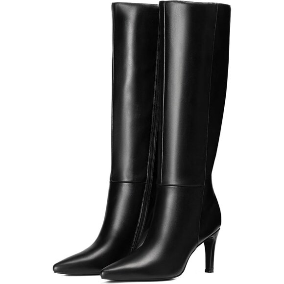 Shoes - Women Stiletto Black Side Zipper Pointed Toe Knee High Dress Fashion Boots